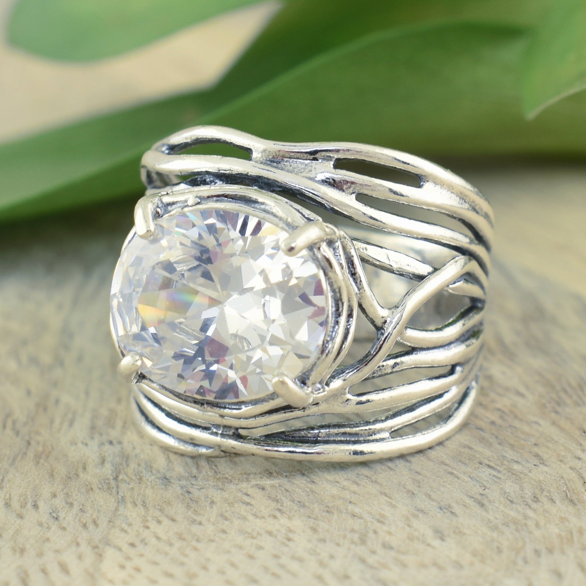 .925 Sterling Silver Wrapped Ring with Large CZ Center.  First Class Ring.