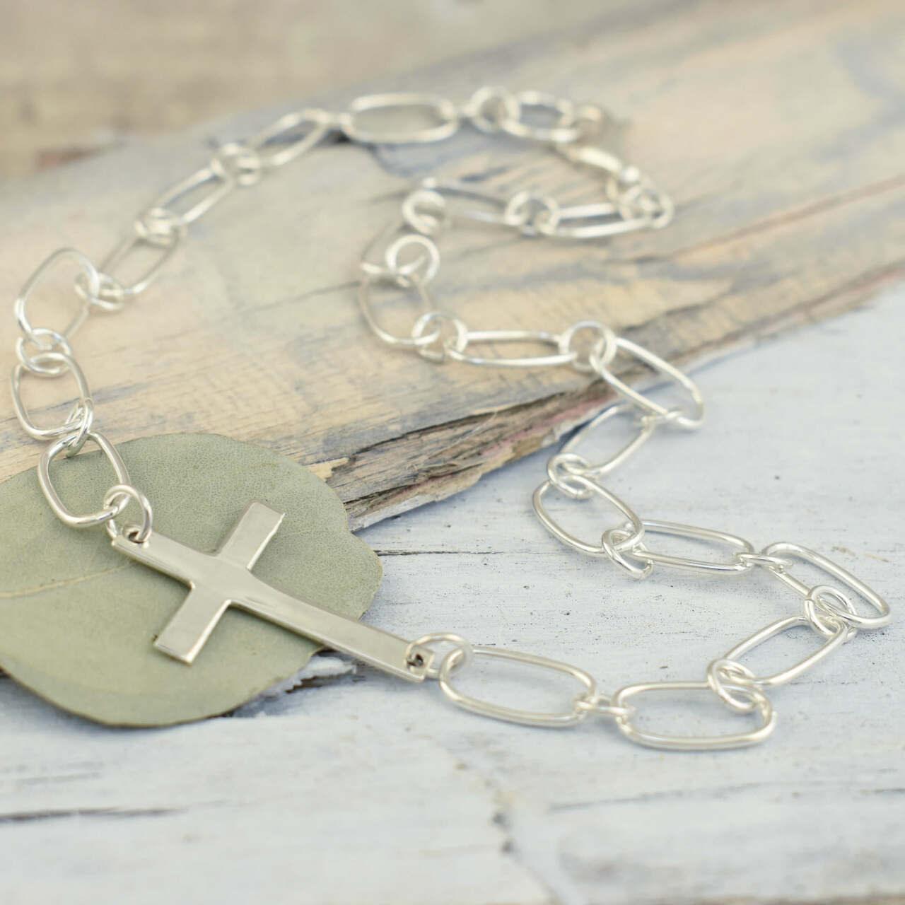 .925 sterling silver link necklace with cross