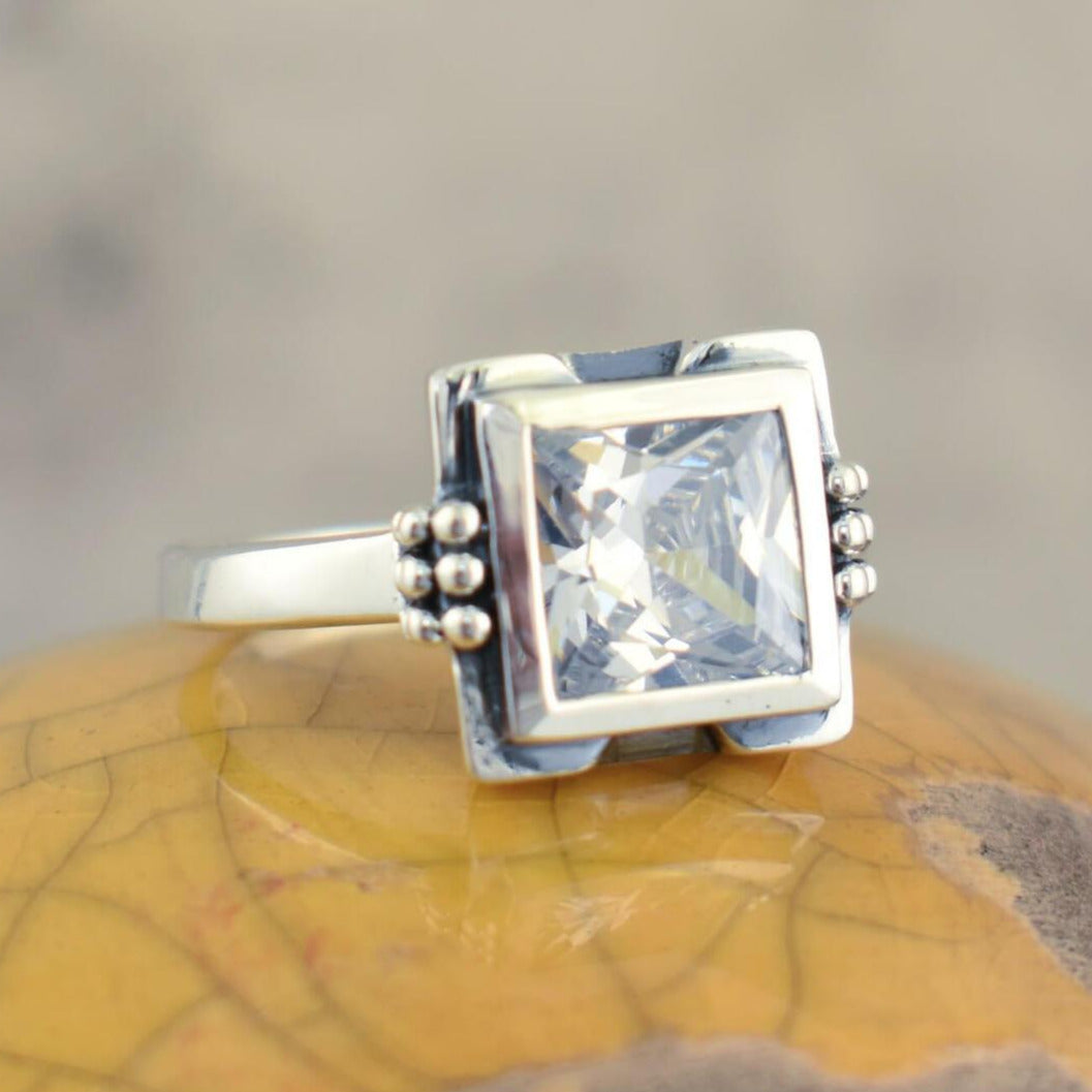 Handcrafted sterling silver and square CZ ring