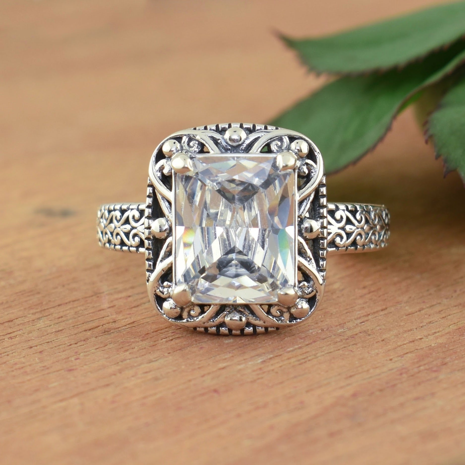 sterling silver ring with radiant cut cz