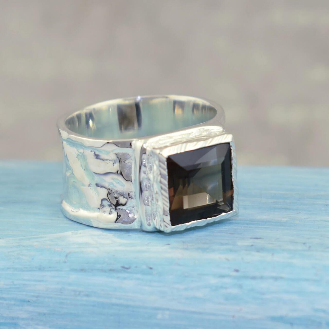 Square smoky quartz stone set in sterling silver hammered band