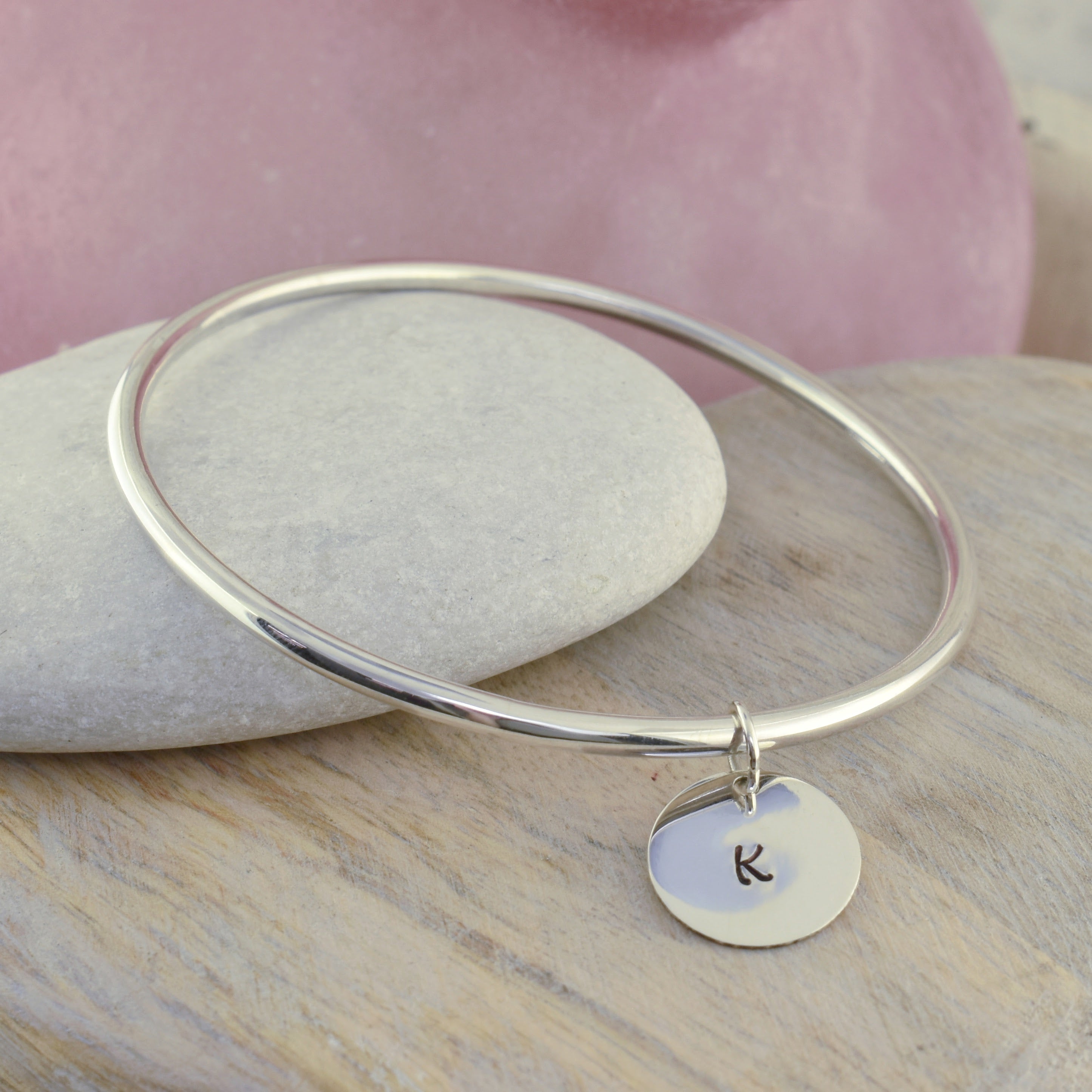 High polished sterling silver bangle with hand stamped initial