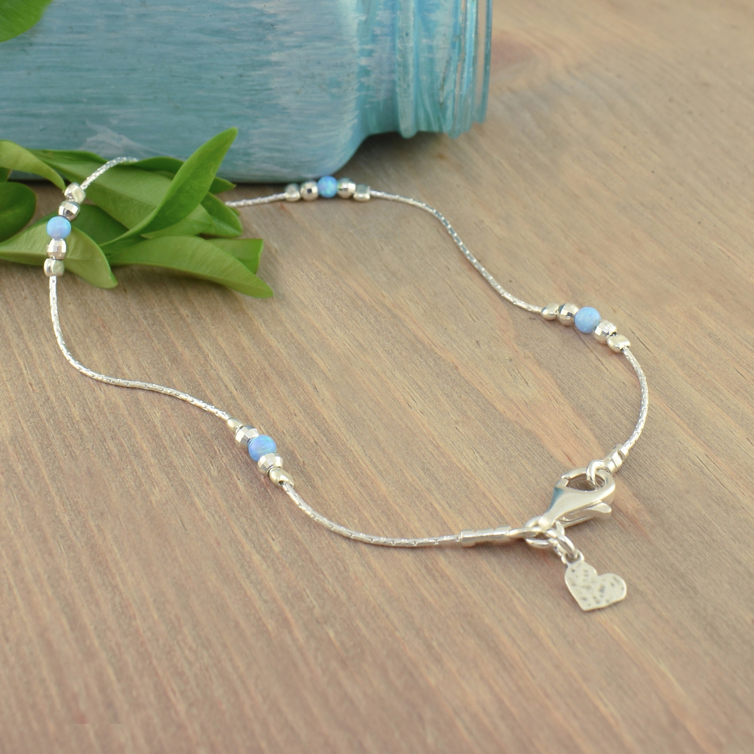 .925 sterling silver anklet with silver and genuine opal beads