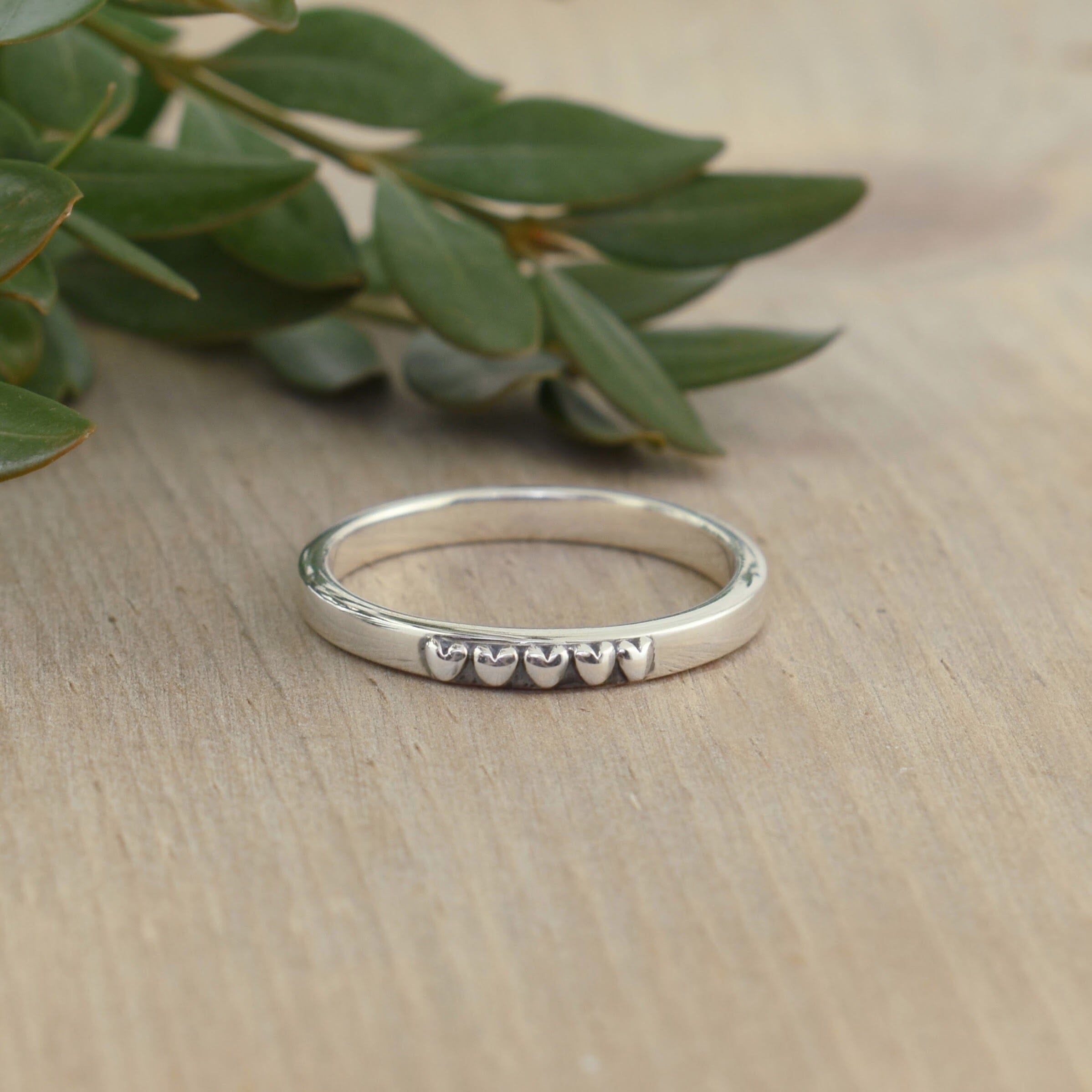 .925 sterling silver stack ring with 5 hearts