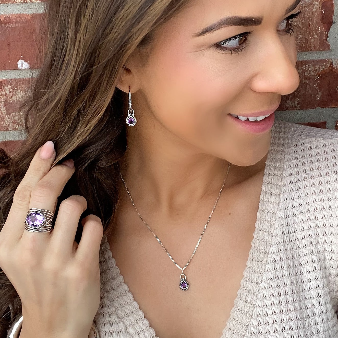 matching african violet Lydia Earrings and Necklace paired with First Class Amethyst Ring