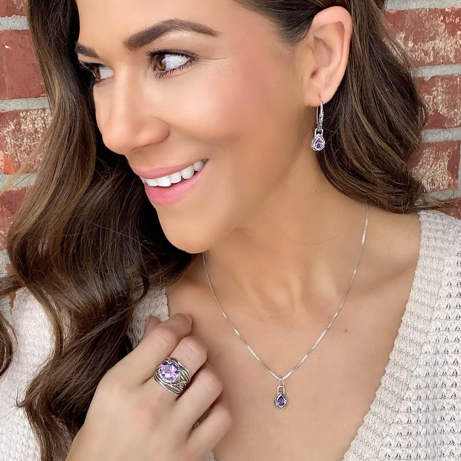 Lydia Necklace paired with Lydia Earrings and First Class Amethyst Ring in sterling silver