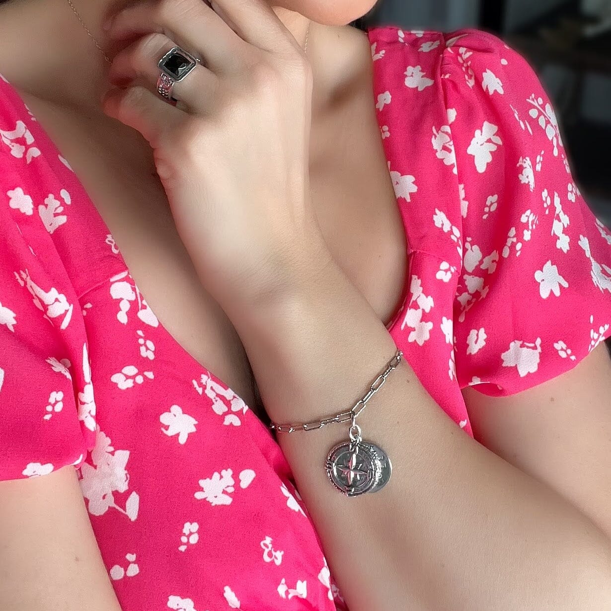 oxidized compass Never Alone bracelet paired with Evening Affair Ring