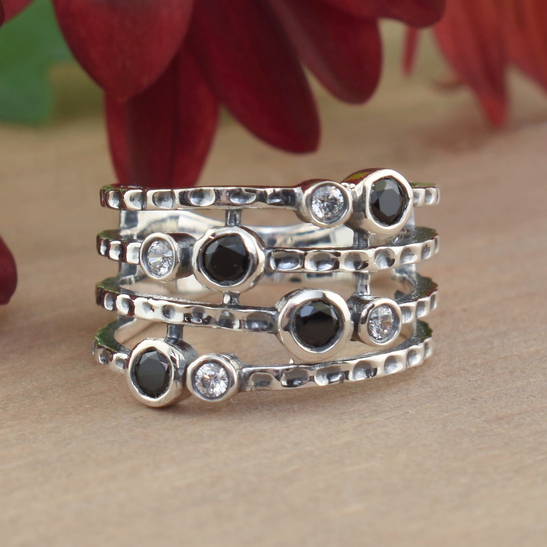 sterling silver ring with black spinel and clear cz stones