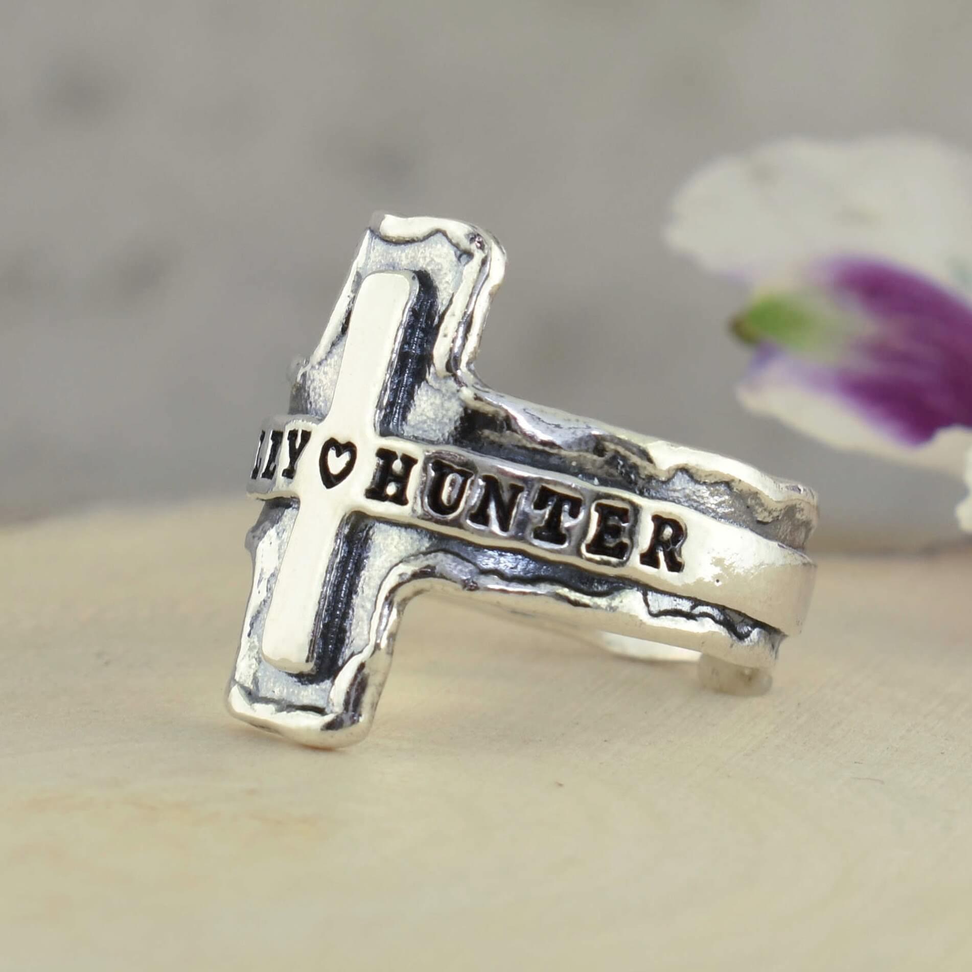 .925 sterling silver cross ring with personalization 