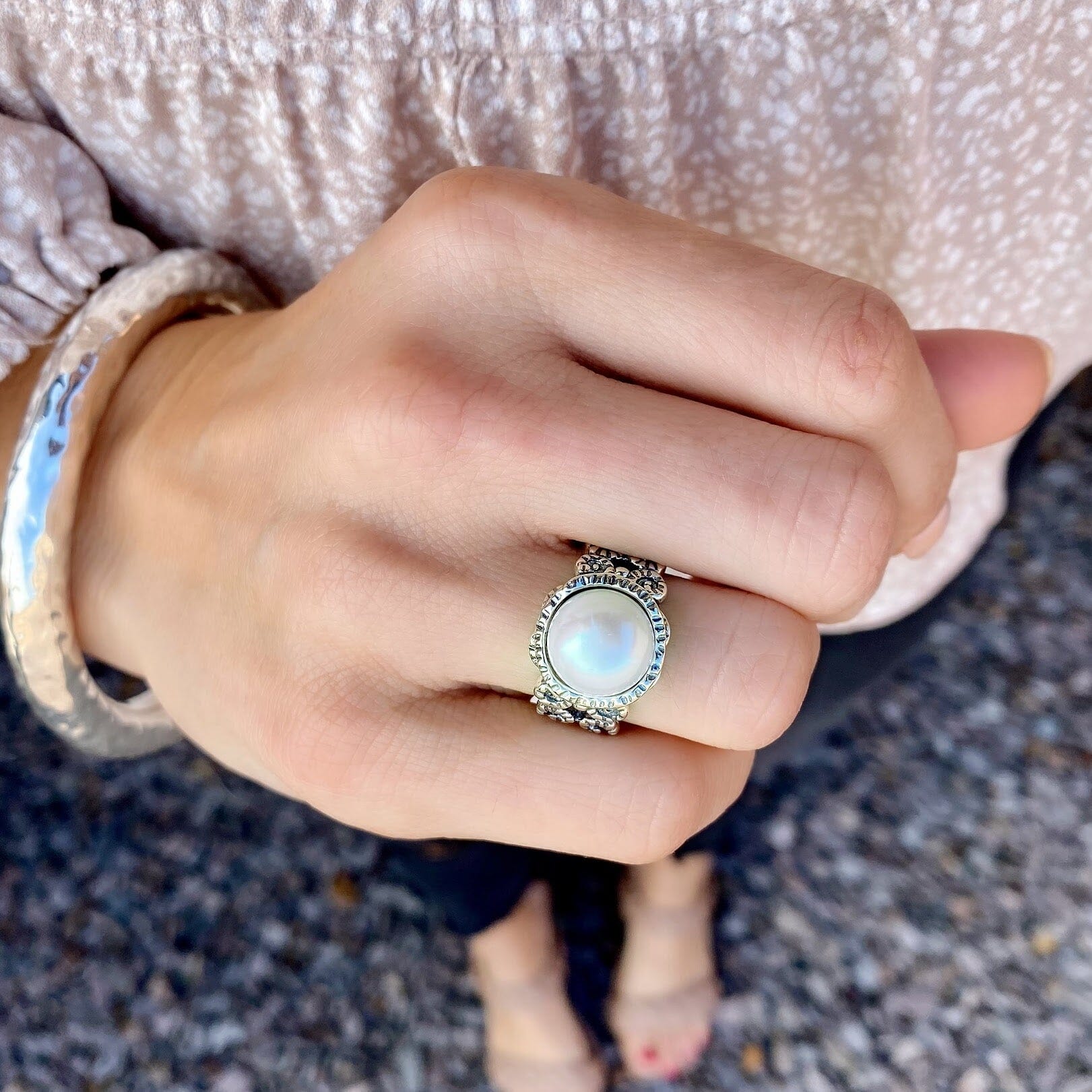 Posh Pearl Ring paired with chunky hammered Sonoma Bangle