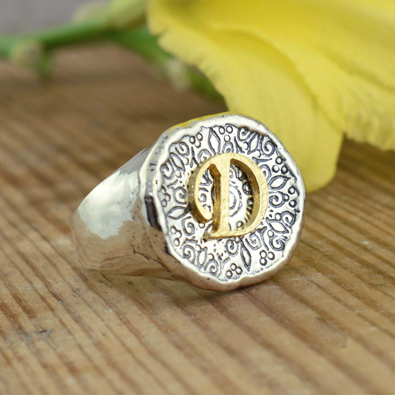 Signet initial ring with .925 sterling silver and gold plating