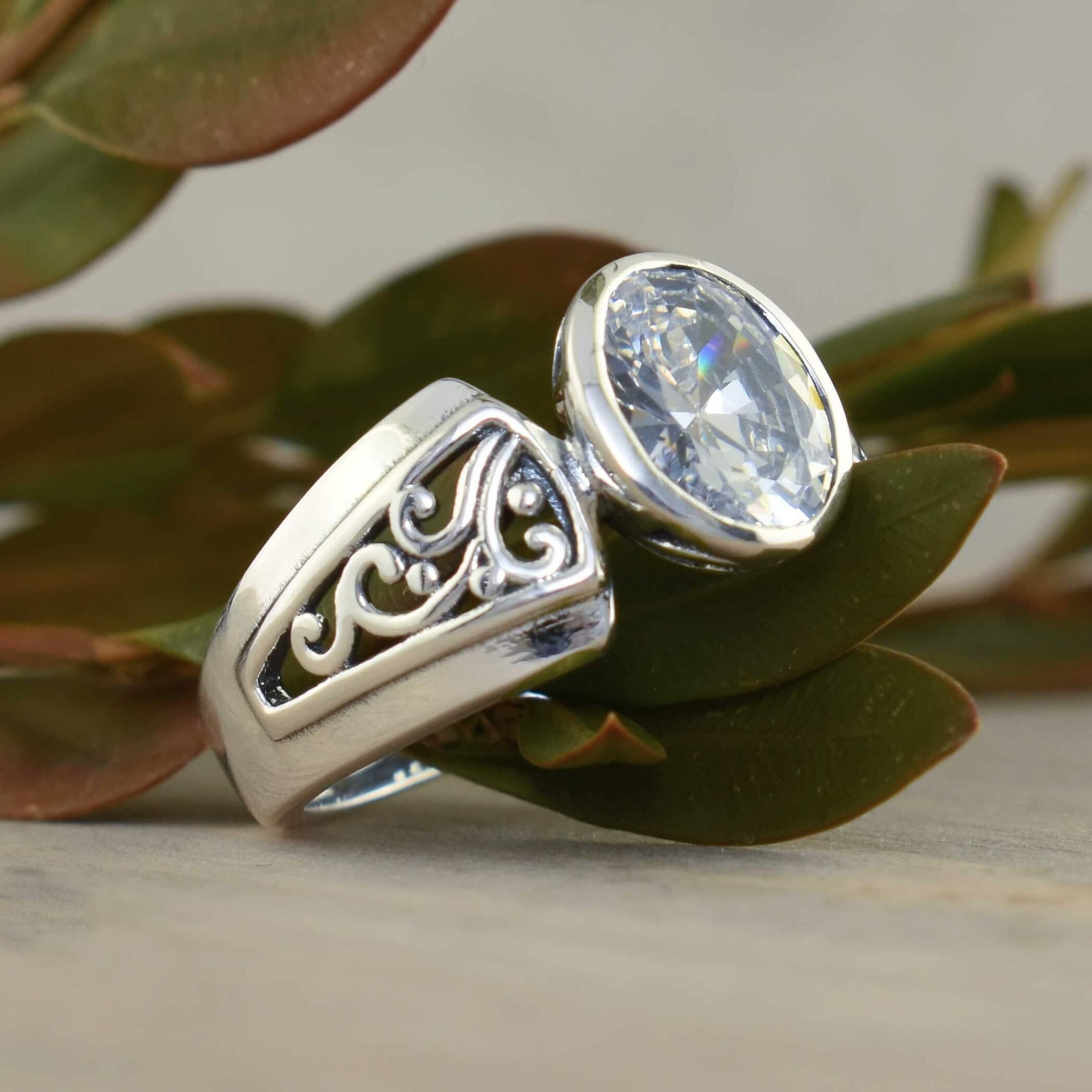 Cubic Zirconia bling stone in high polished sterling silver