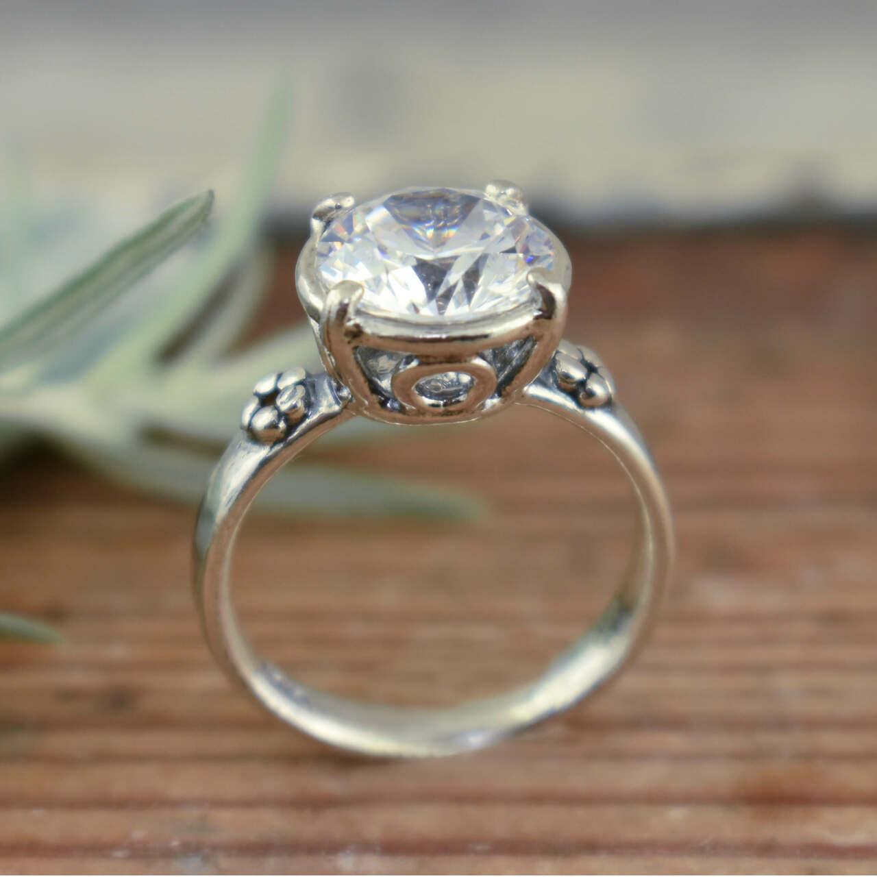 Handcrafted sterling silver ring with large cz stone