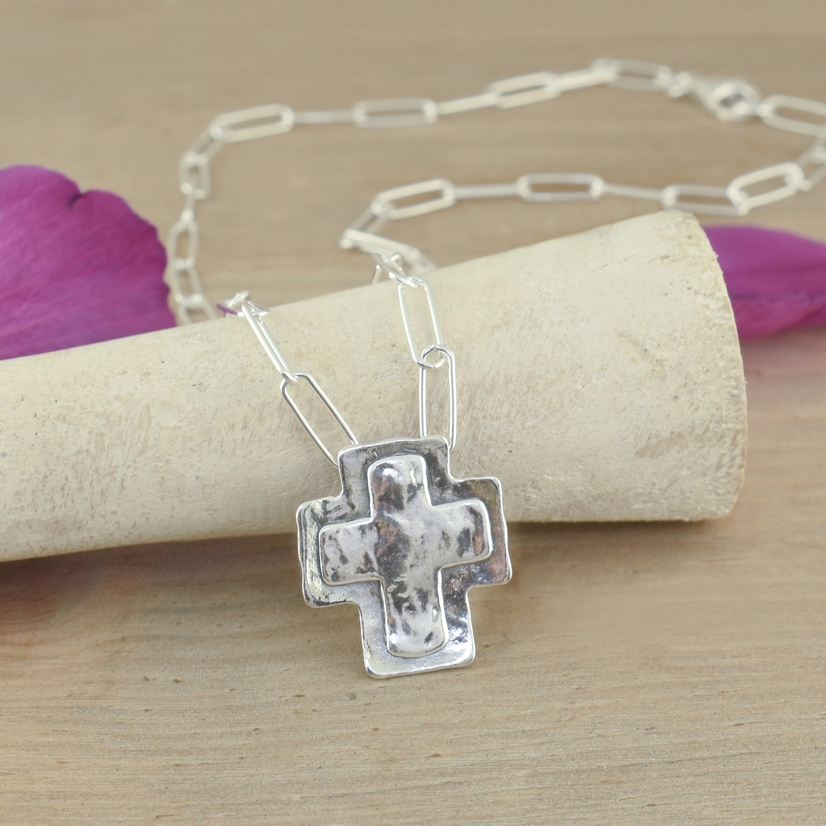 .925 sterling silver cross necklace on paperclip chain
