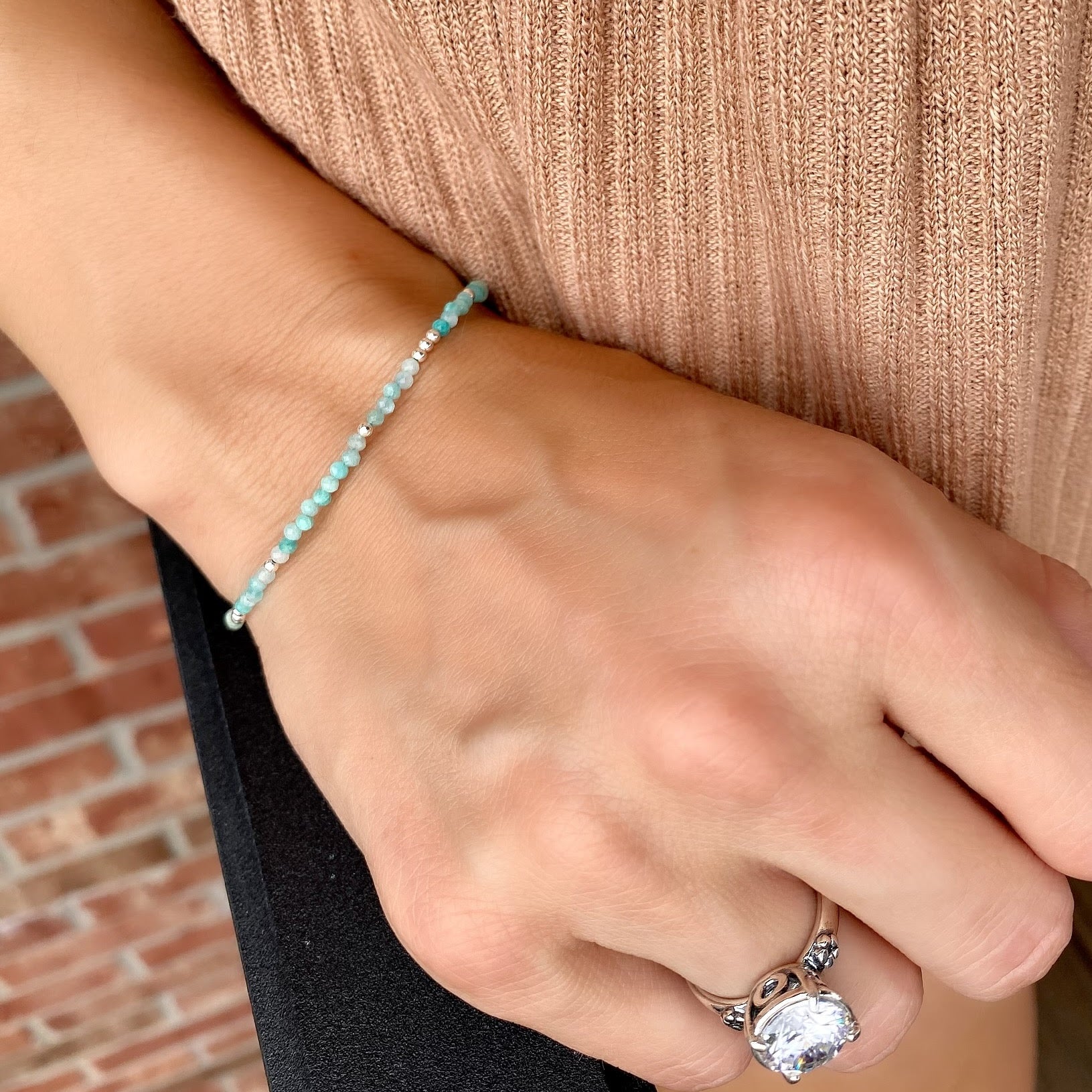 Beaded gemstone and sterling silver bracelet Sea Spray paired with Rock the Block Ring