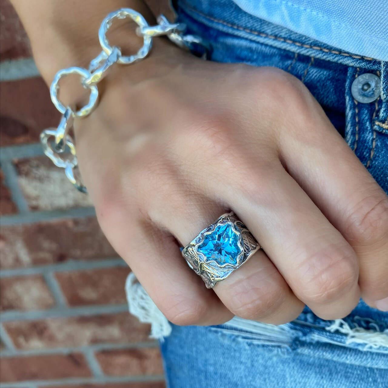 Handmade Natural Blue Topaz Silver Ring - 925 Sterling Silver Solitaire With Accents, RVS88, Apbjewelry2010