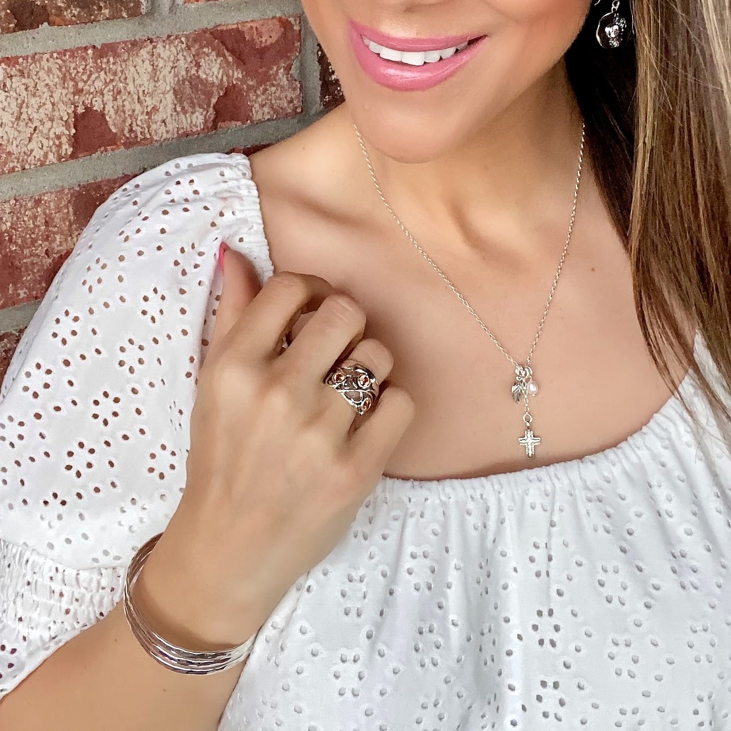 Sunlit Tide Ring paired with Better Half Earrings, New Life Necklace, and Off the Cuff Bangle