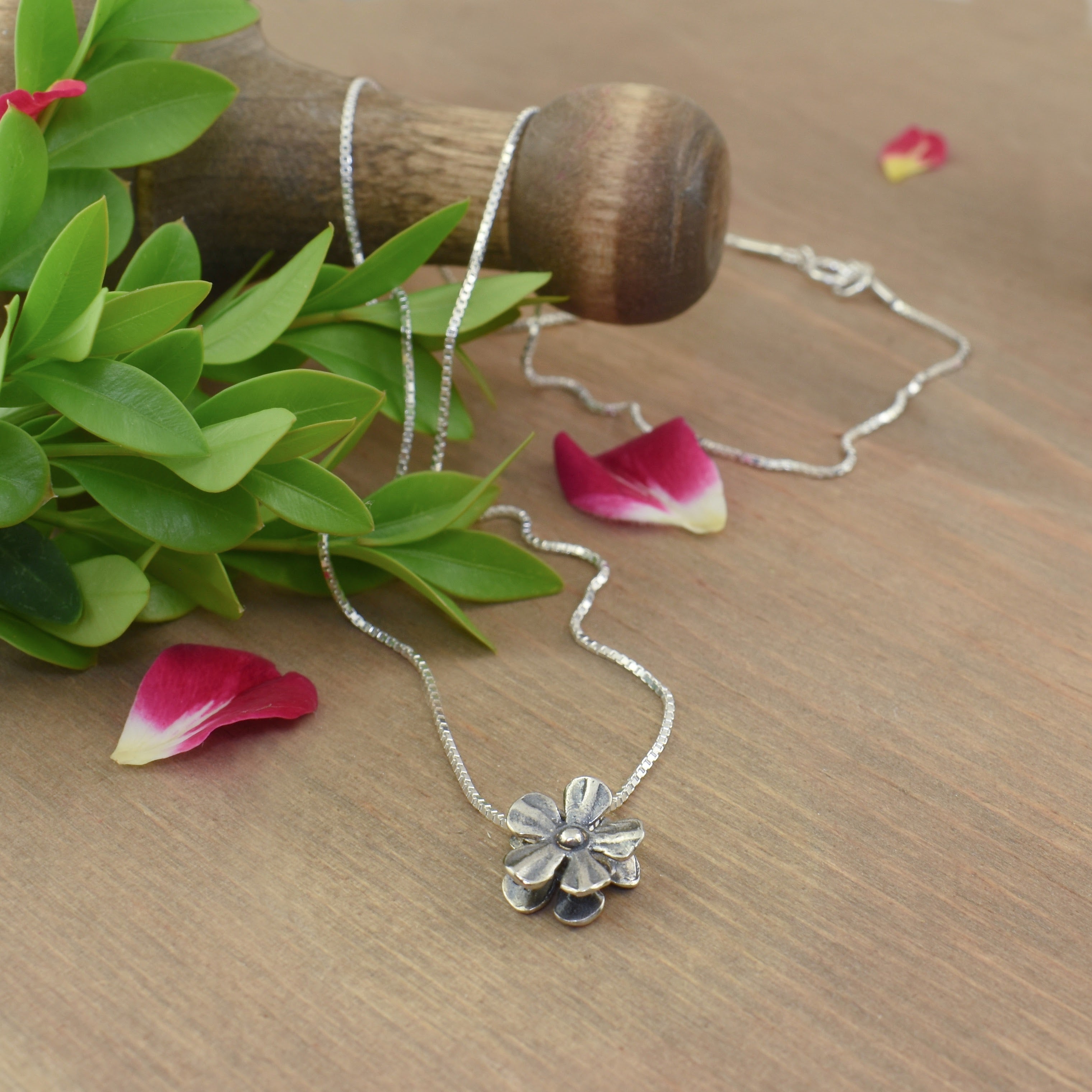 .925 sterling silver flower necklace with oxidized finish