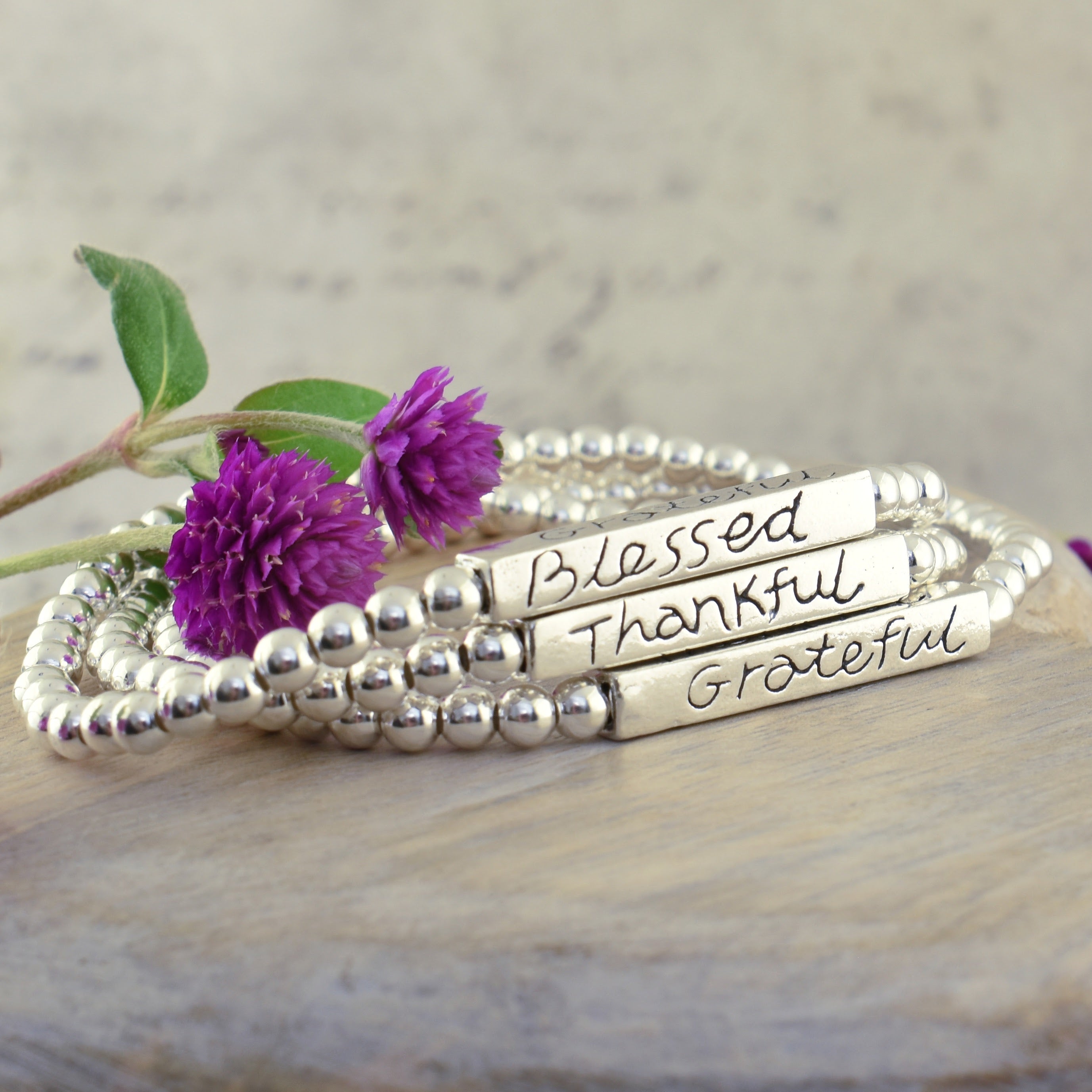 bracelet with four sided bar for blessed, thankful, and grateful