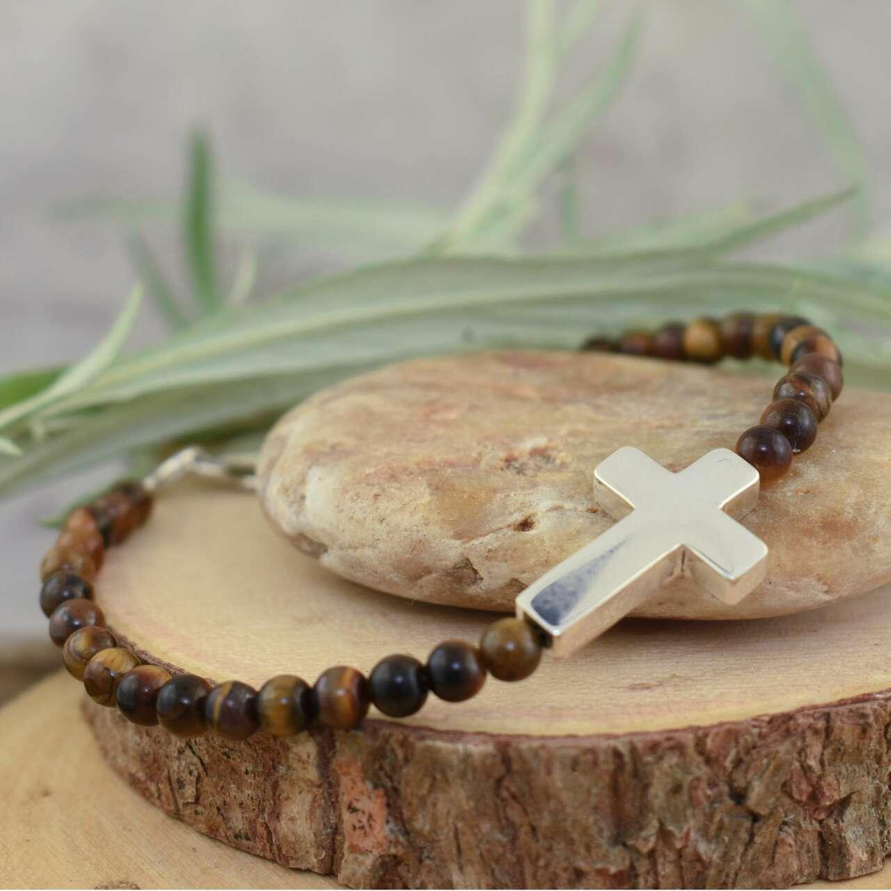 Beaded Cross Bracelet in handcrafted sterling silver and Tiger's Eye