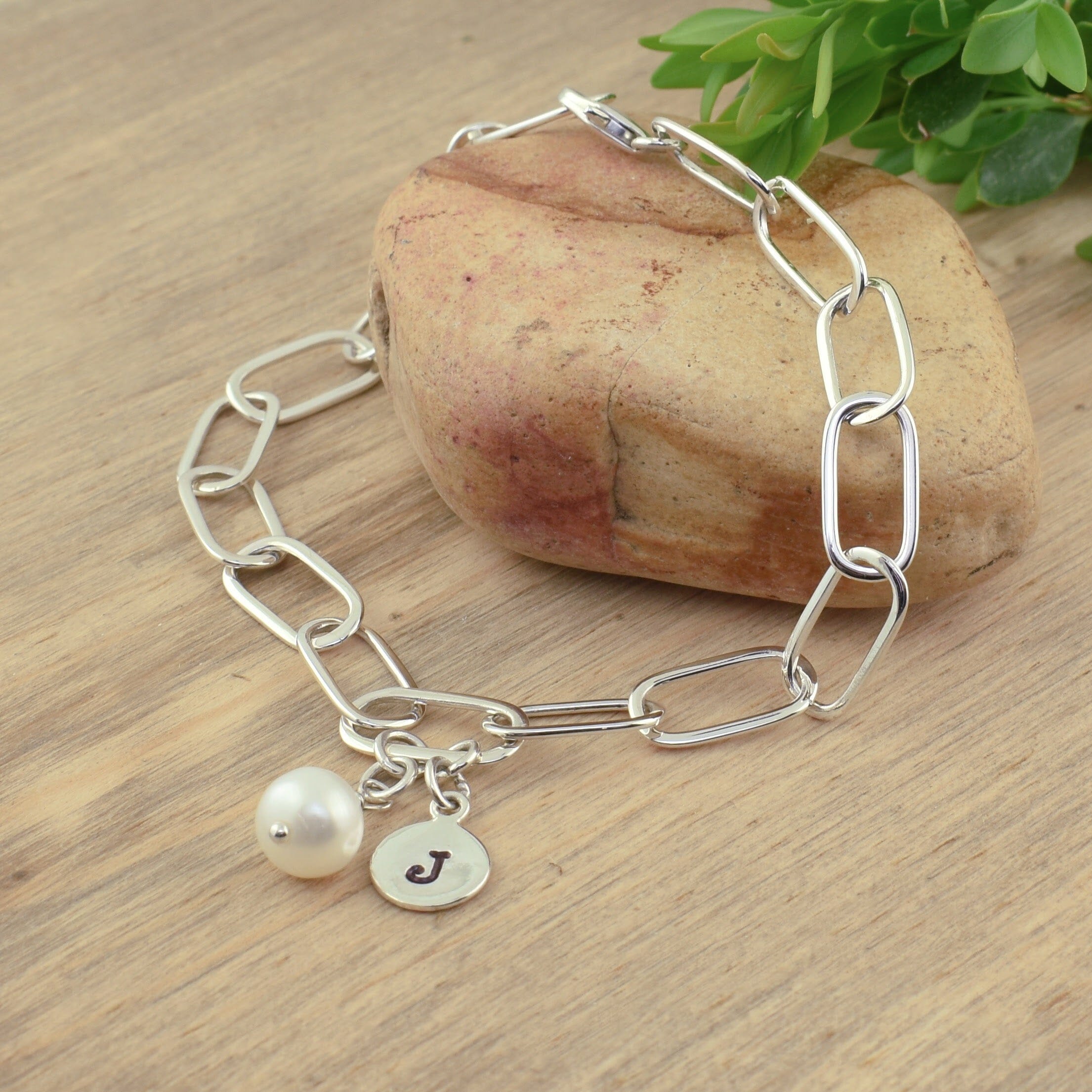 sterling silver freshwater pearl personalized link bracelet