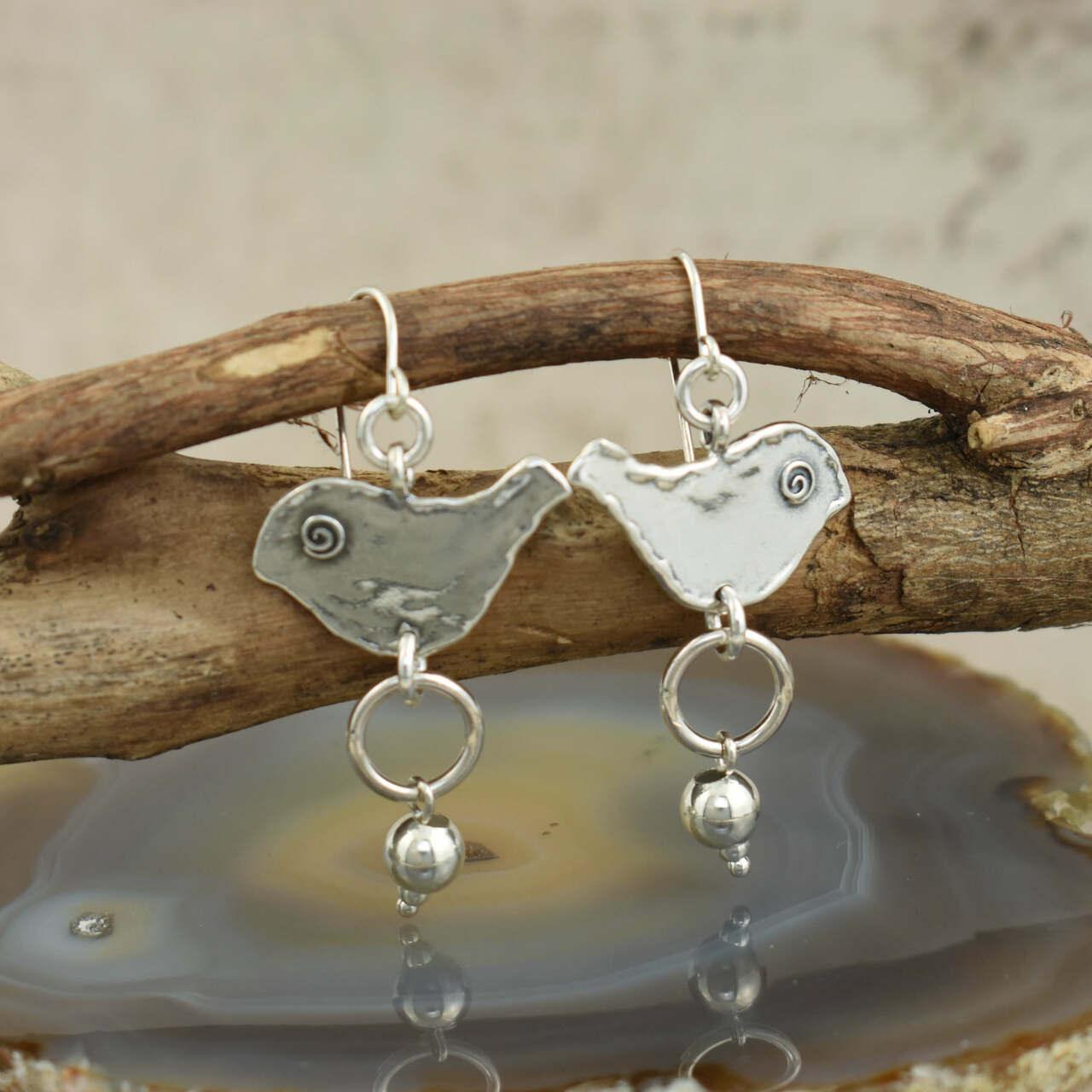 Handcrafted sterling silver bird earrings with easy on French wires