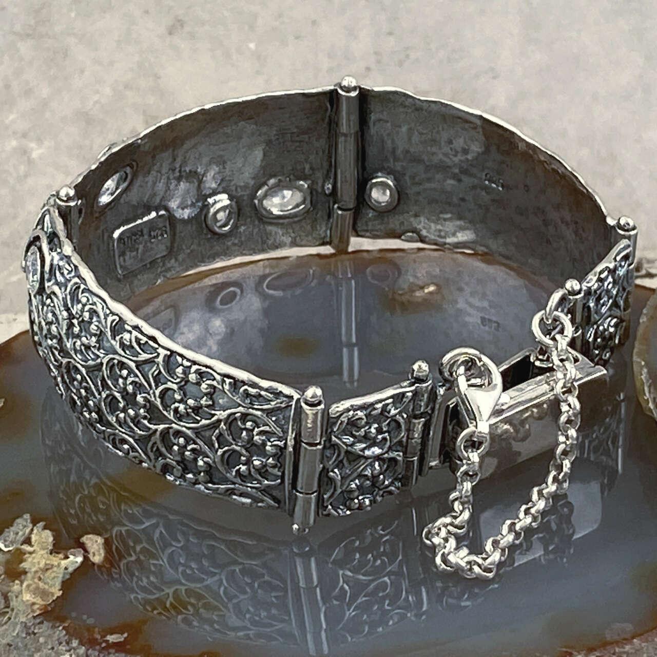 .925 sterling silver  wide bracelet with CZ accents