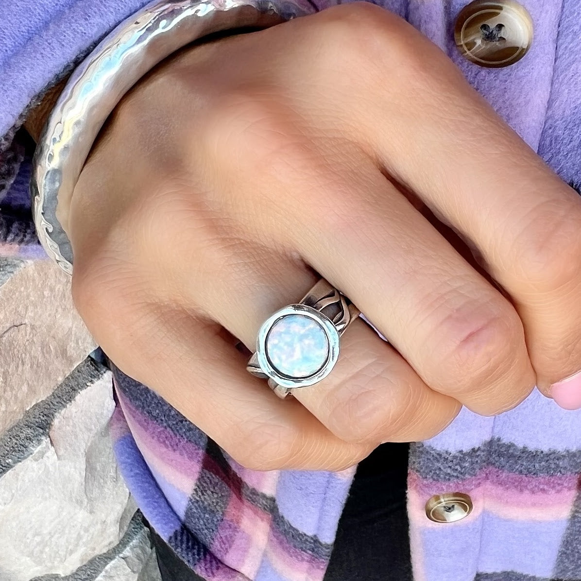 White Opal Ring modeled with Sonoma Bangle